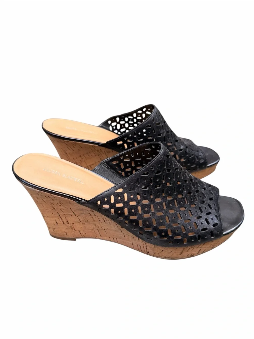 Lauren Blakwell Women’s 11 Black Ilene Perforated Cork Wedge Slide Sandals Boho
